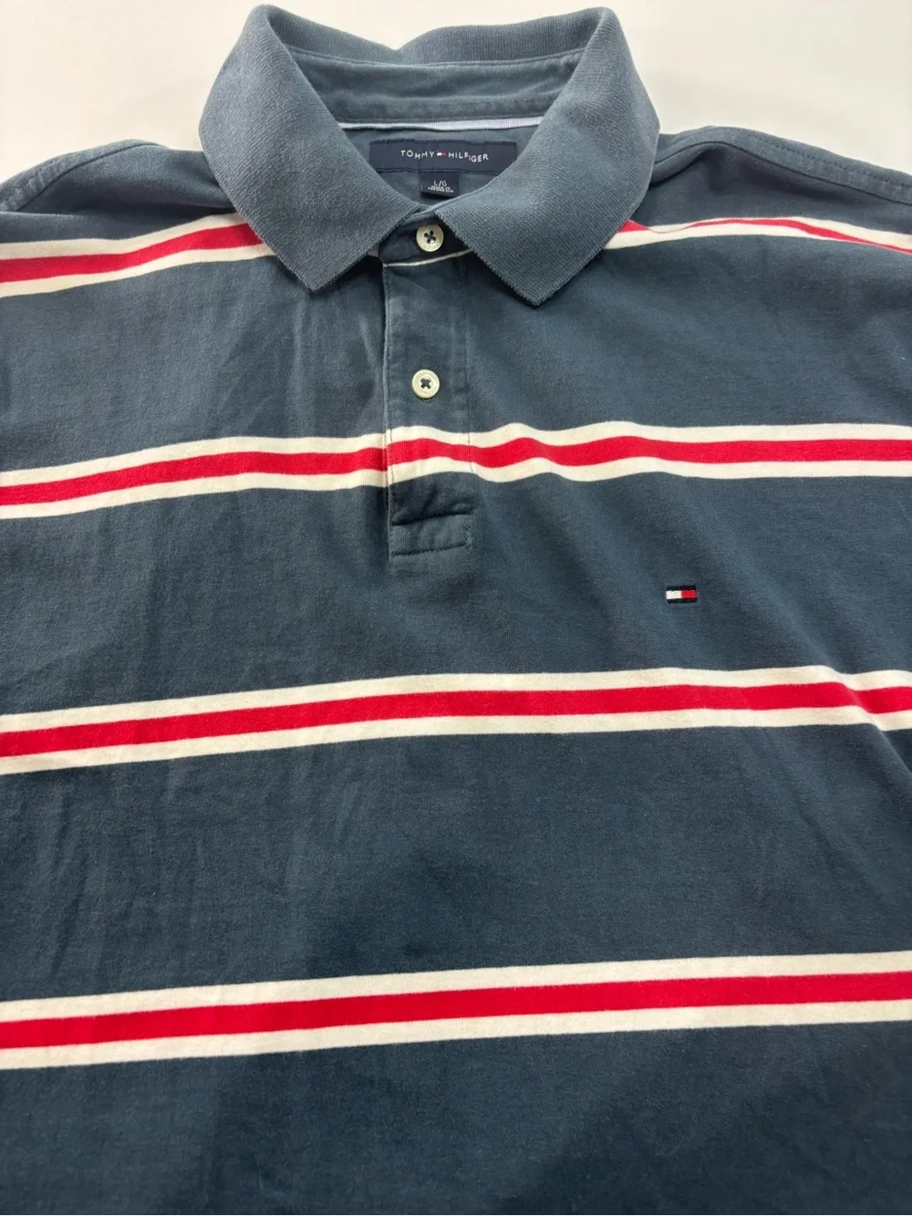 Tommy Hilfiger Navy Polo with Red and White Stripes Men’s Size Large Blue - Picture 2 of 7